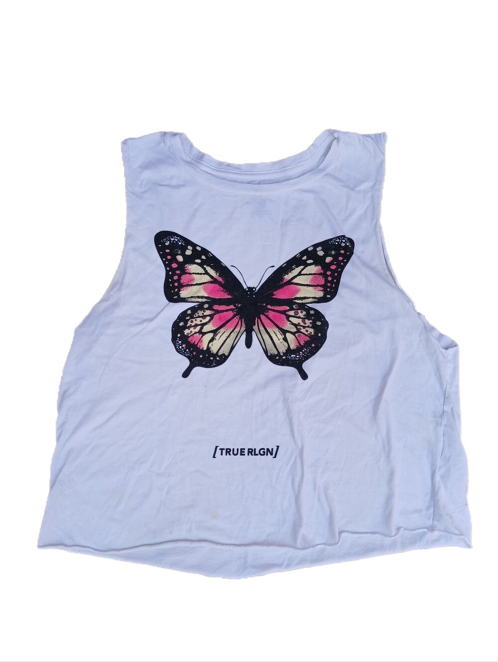 True Religion White Butterfly Cotton Cropped Muscle Tee